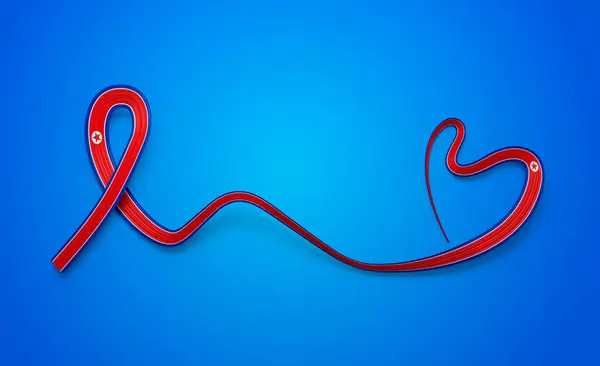 stock image Flag Of North Korea Heart Shape Wavy Awareness Ribbon Flag On Blue Background 3d Illustration