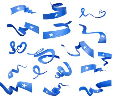 Set Of Different Style Of Somalia Wavy Abstract Ribbon Flags On White Background 3d Illustration clipart