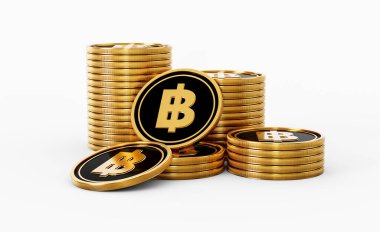 Parlak Altın ve Siyah Tayland Baht Bozuklukları Yuvarlak Sikkeler Beyaz Arkaplanda 3D Görüntü