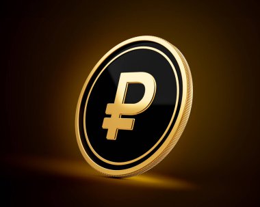 Altın ve Siyah Yuvarlak Rus Rublesi Parlak Altın Parlak Arkaplanda İzole Edilmiş 3D Görüntü