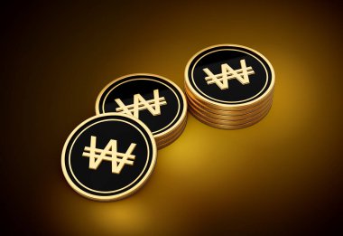 Altın ve Siyah Kore Won Para Yığını Parlak Altın Parlak Arkaplan 3D Görüntü