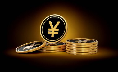 Altın ve Siyah Japon Bozuklukları Yığını Parlak Altın Parlak Arkaplan 3D Görüntü