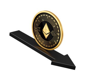 Altın ve Siyah Kripto Para Birimi Ethereum Madeni Parası Kara Aşağı Oku 3D İllüstrasyonunda Dinleniyor