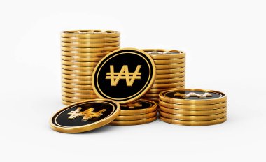 Parlak Altın ve Siyah Kore Won Bozuklukları Yuvarlak Bozukluklar Beyaz Arkaplanda Yığın 3D İllüstrasyon