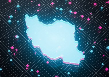 Aydınlatılmış İran Veri Haritası Kusursuz Şablon Arkaplanındaki Neon Mavi Işık 3D Görüntü