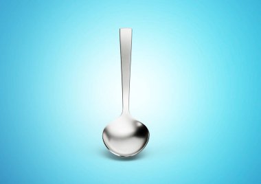Uzatılmış sapı ve mavi arka planda yuvarlak kasesi olan Parlayan Metal kaşık.