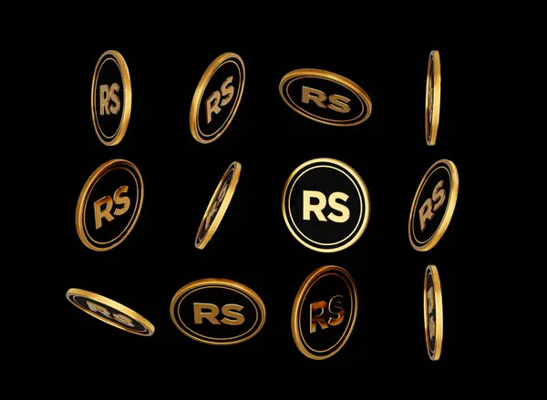 stock image Golden And Black Falling Rupee Rs Rounded Coins Isolated On Black Background 3d Illustration