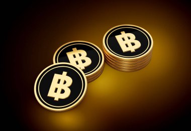 Altın ve Siyah Tayland Baht Sikkeleri Yığını Parlak Altın Parlak Arkaplan 3D Görüntü