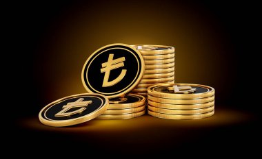 Altın ve Siyah Türk Lirası Yığını Parlak Altın Parlak Arkaplan 3D Görüntü