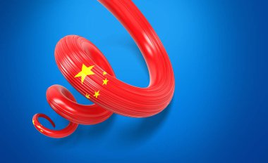 3d Çin Bayrağı 3d Dalgalı Parlak Çin Çarpık Kurdele Bayrağı Mavi Arkaplan 3d Görüntü