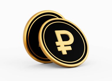 Parlak Altın ve Siyah İki Yuvarlak Rus Rublesi Beyaz Arkaplanda İzole Edilmiş 3D İllüstrasyon