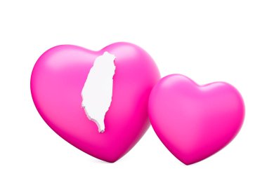 Beyaz Tayvan 'ın Beyaz Haritalı Parlak Pembe Kalpleri Beyaz Arkaplan 3D Görüntü