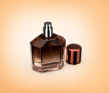 Amber Toned Parfüm Şişe Açık Cilalı Bakır Şapka, Yumuşak Sarı Arkaplan 3D Görüntü