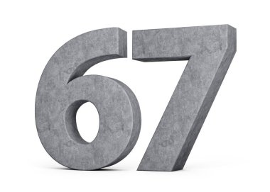 3D Beton Numarası 67. Gri Beton Taştan Yapılmış Beyaz Arkaplan 3D Görüntü