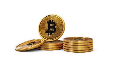 3D Altın Kripto Para Yığını Bitcoin Parlak Yuvarlak Paralar Beyaz Arkaplan 3D Görüntü