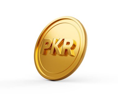 3D Altın Parlak Yuvarlak Pakistanlı Rupi PKR Parası Beyaz Arkaplanda İzole Edildi 3D Görüntü