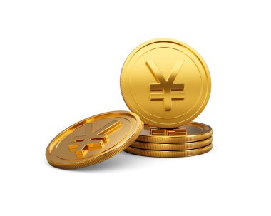 3D Altın Japon Yen Paraları Yığını Parlak Yuvarlak Paralar Beyaz Arkaplanda 3D Görüntü