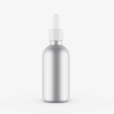 3D Gümüş Boş Kozmetik Yağ Düşürme Şişesi. Kapağı Beyaz Arkaplanda İzole edilmiş. 3D Görüntü