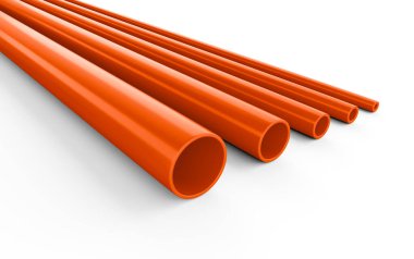 3D Shiny Orange PVC Pipes Of Different Diameters Plumbing Concept White Background 3D Illustration clipart