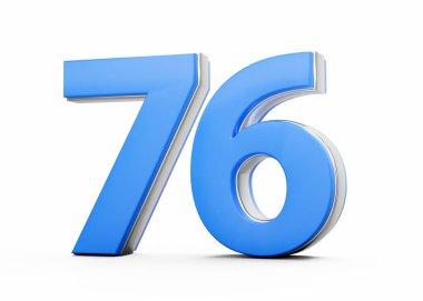 3D numara 76 76. Mavi vücuttan yapılmış. Beyaz arkaplanda gümüş çizgiler var.