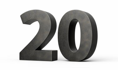 Gri pürüzsüz demirden yapılmış 20 numara. Beyaz arka planda izole edilmiş 3 boyutlu görüntü.