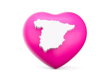 İspanya 'nın Beyaz Haritalı Pembe Kalbi Beyaz Arkaplanda 3 boyutlu Görüntü