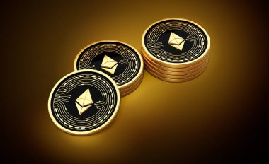 Altın Kripto Para Yığını Ethereum ETH Parlak Altın Parlak Arkaplan 3D Görüntü