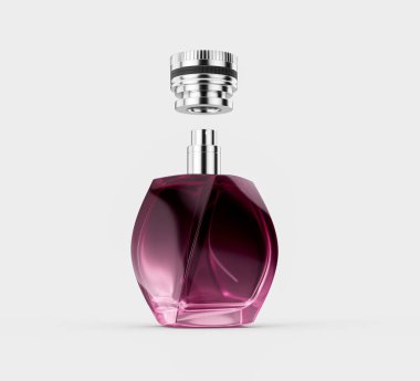 Şeffaf Pembe Cam Parfüm Şişe Parlak Işık ve Açık Gümüş Şapka 3D Görüntü