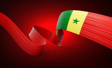 Senegal Dalgalı Parlak Senegal Bayraklı Bayrak Parlayan Kırmızı Arkaplan 3D Görüntü