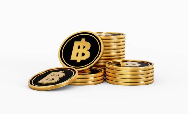 Parlak Altın ve Siyah Tayland Baht Bozuklukları Yuvarlak Sikkeler Beyaz Arkaplanda 3D Görüntü