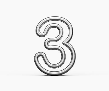 Beyaz arka planda pürüzsüz kıvrımları olan gümüş metalik parıltıdan yapılmış üç numara.