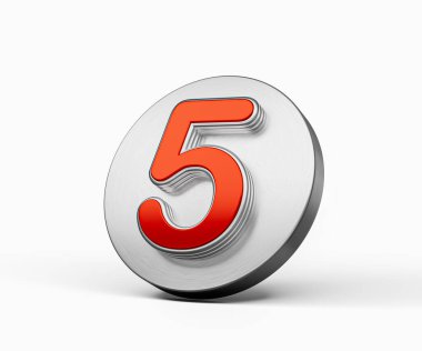 Metalik gümüş bir disk üzerindeki canlı kırmızı 5 numara. Beyaz arkaplan üzerindeki gümüş simge.