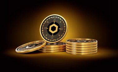 Altın Kripto Para Yığını Parlak Altın Parlak Arkaplanda Zincirli Paralar 3D Görüntü