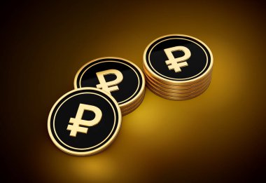 Altın ve siyah Rus Rublesi Yığını Parlak Altın Parlak Arkaplan 3D Görüntü