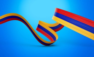 3d Ermenistan Bayrağı 3d Dalgalı Parlak Ermenistan Kurdelesi Mavi Arkaplan 3d Görüntü