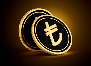 Iki Altın ve Siyah Yuvarlak Türk Lirası Parlak Altın Parlak Arkaplan 3D Görüntü