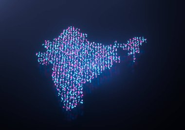 Aydınlatılmış Hindistan Dijital Veri Haritası Pembe ve Mavi Neon Parlayan Parçacıklar 3D İllüstrasyon