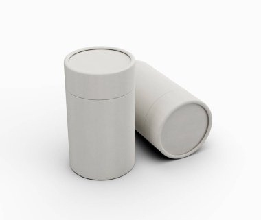 Ürün Paketleme Konsepti 3d İllüstrasyon için İki Parlak Beyaz Kağıt Kavanozu Silindir Kutusu