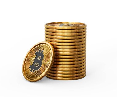 3D Altın Kripto Para Yığını Bitcoin Parlak Yuvarlak Paralar Beyaz Arkaplan 3D Görüntü