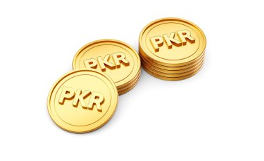 3D Altın Pakistan Yığını PKR Bozukluklar Yuvarlak Paralar Beyaz Arkaplanda 3D Görüntü