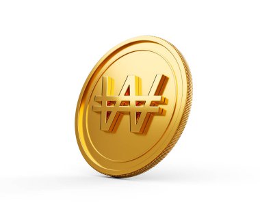 3D Altın Parlak Yuvarlak Kore Won Parası Beyaz Arkaplanda İzole Edilmiş 3D Görüntü