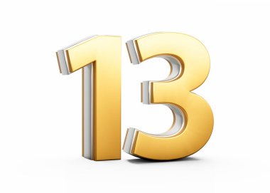 3 Boyutlu Altın Parlak 13 numara. Beyaz arkaplandaki gümüş kaplamalı 13 numara.