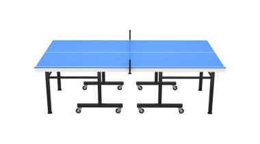 Üç boyutlu mavi masa tenisi, beyaz arka planda beyaz bir ağ ve üç boyutlu resim.