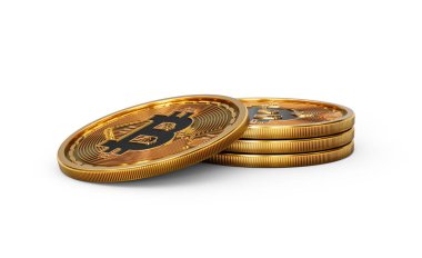 3D Altın Kripto Para Yığını Bitcoin Parlak Yuvarlak Paralar Beyaz Arkaplan 3D Görüntü