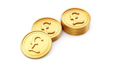 3D Yığınla Altın İngiliz Pound Sikkeleri Parlak Yuvarlak Paralar Beyaz Arkaplanda 3 boyutlu Görüntü