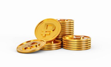 3D Altın Rus Rublesi Yığını Parlak Yuvarlak Bozukluklar Beyaz Arkaplanda 3D Görüntü