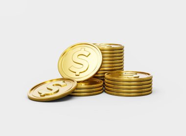 3D Yığın Altın Amerikan Doları Paralar Parlak Yuvarlak Paralar Beyaz Arkaplanda 3D Görüntü