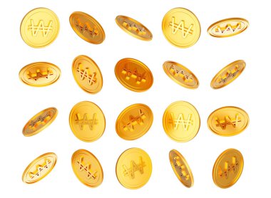 3D Düşen Altın Parlak Kore Won Yuvarlak Bozukluklar Beyaz Arkaplanda 3D Görüntü