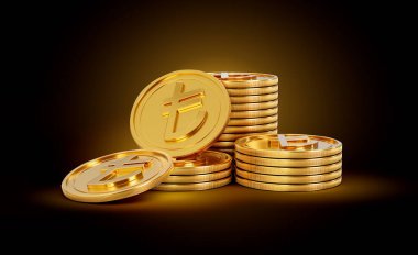 Altın Parlak Türk Lirası Yığını Parlak Altın Parlak Arkaplan Üzerine Yuvarlak Sikkeler 3D Görüntü