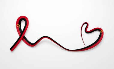 Angola Kalp Şeklinin 3d Bayrağı Parlak Dalgalı Farkındalık Kurdelesi Beyaz Flama 3d Görüntü